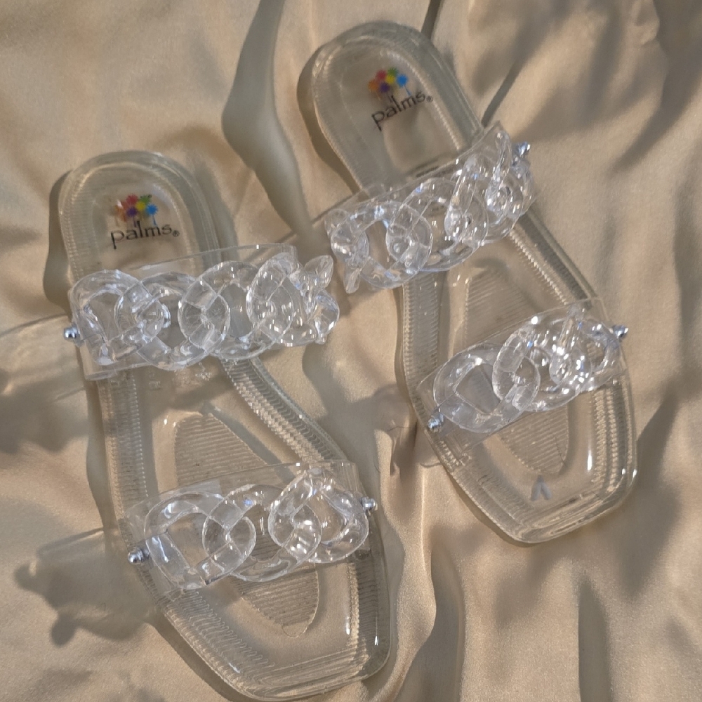 PALMS Clear Square Toe CHAIN DESIGN Crystal Embellished Flat Sandals